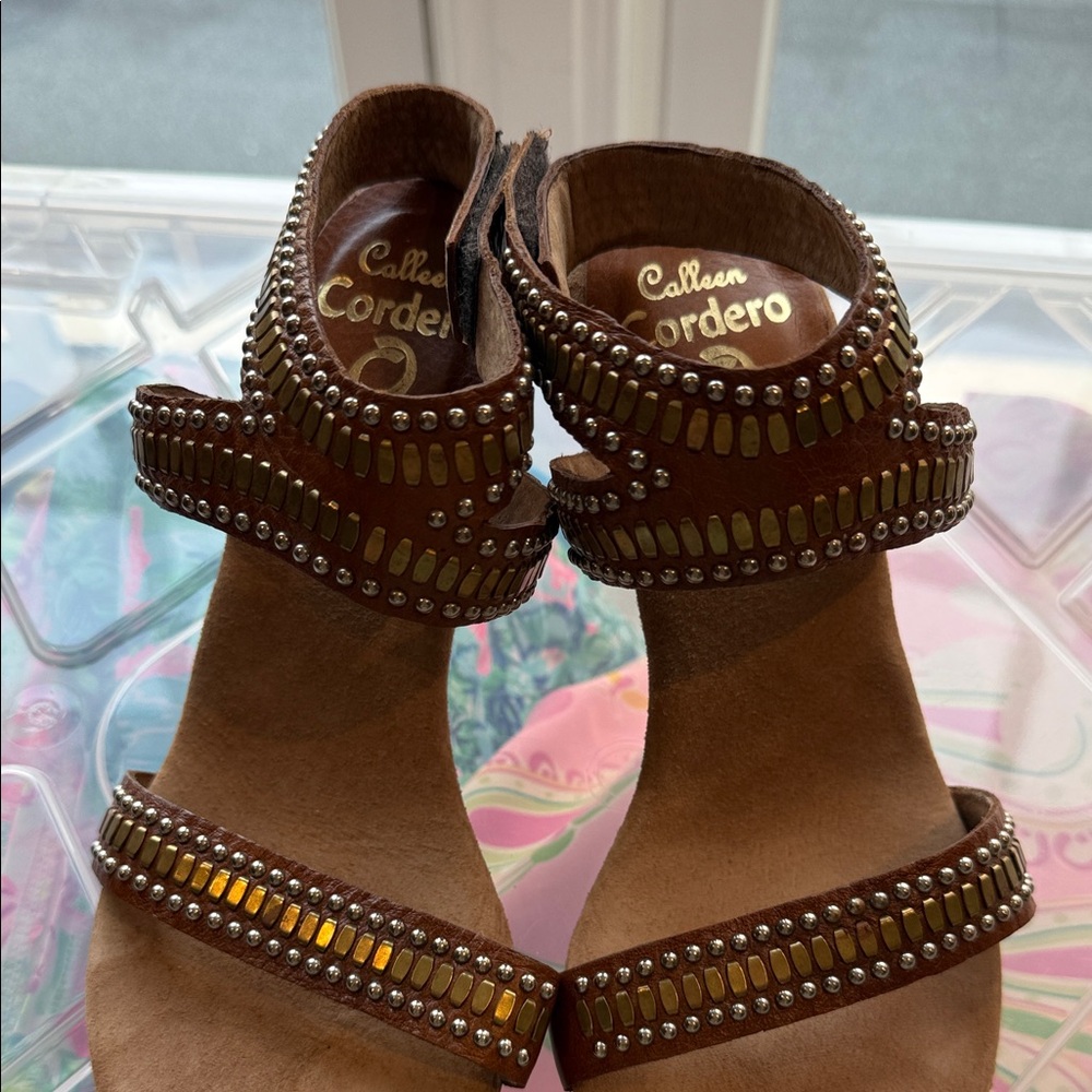 Calleen Cordero L.A. Handmade Sandals Artisan Wood Heel Soft FootBed Gold 8 $600